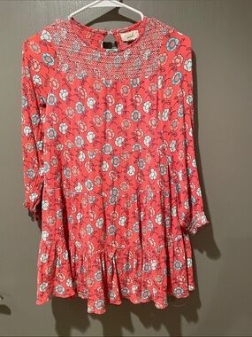 Cute Peek Coral Girls Floral Dress W/Lining And Aqua Accents
